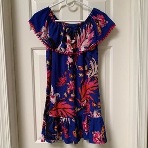 Boohoo Floral Print Pom Pom Trim Bardot Dress